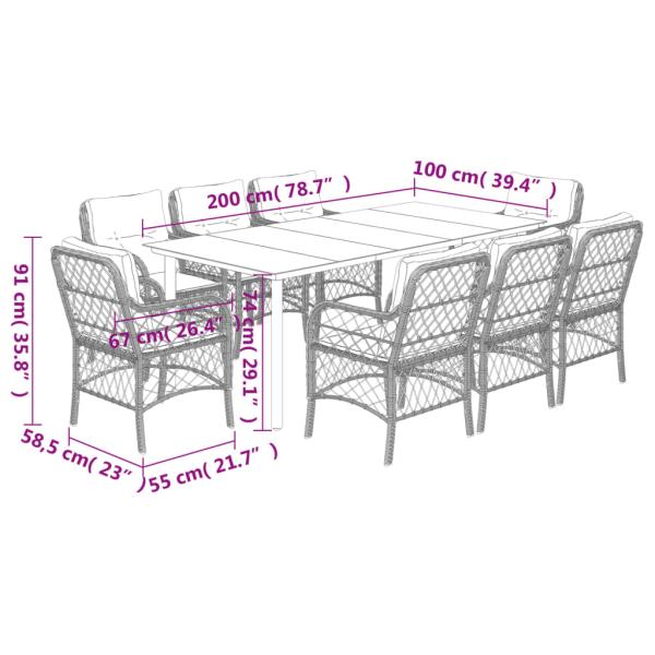 9-tlg. Garten-Essgruppe mit Kissen Schwarz Poly Rattan