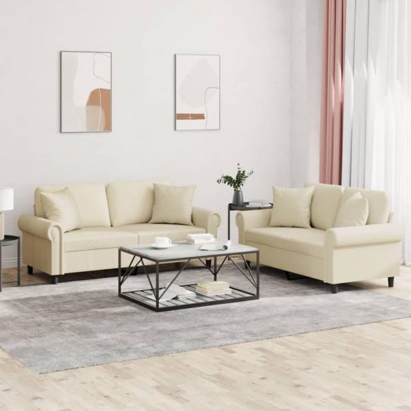 ARDEBO.de - 2-tlg. Sofagarnitur mit Kissen Creme Kunstleder