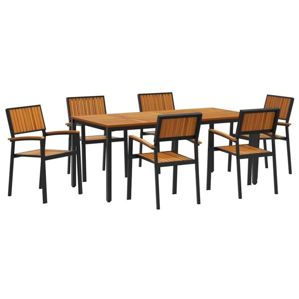 Garten Essgruppe 7-teilig Schwarz, Naturholz Metall, Holz
