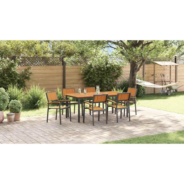 Garten Essgruppe 7-teilig Schwarz, Naturholz Metall, Holz