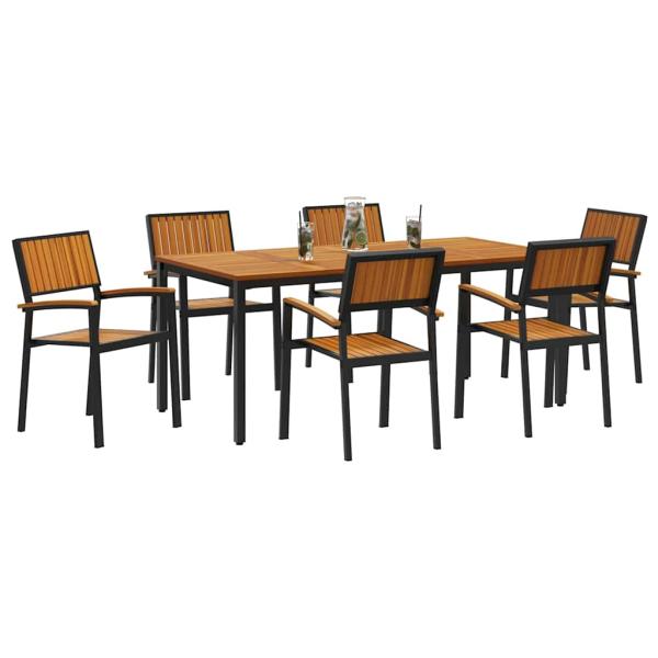 Garten Essgruppe 7-teilig Schwarz, Naturholz Metall, Holz