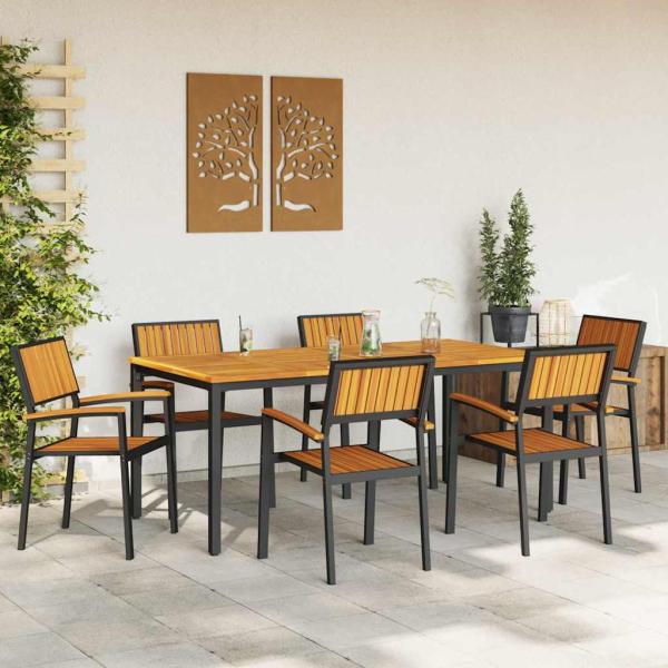 Garten Essgruppe 7-teilig Schwarz, Naturholz Metall, Holz