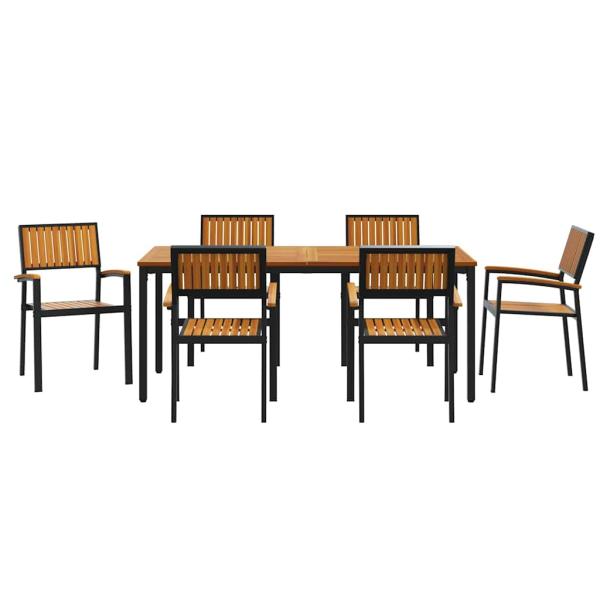 Garten Essgruppe 7-teilig Schwarz, Naturholz Metall, Holz