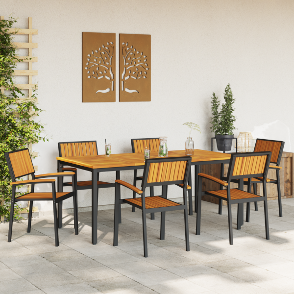 Garten Essgruppe 7-teilig Schwarz, Naturholz Metall, Holz