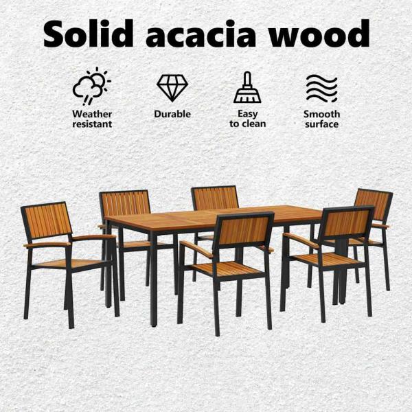 Garten Essgruppe 7-teilig Schwarz, Naturholz Metall, Holz