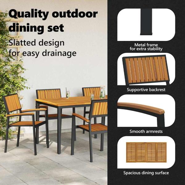 Garten Essgruppe 7-teilig Schwarz, Naturholz Metall, Holz