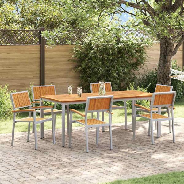 ARDEBO.de - Garten Essgruppe 7-teilig Grau und Naturholz Metall und Holz