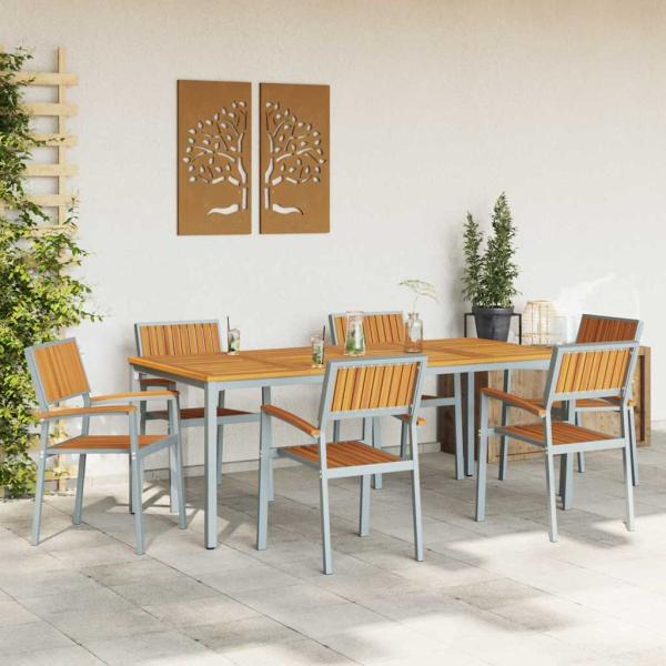 Garten Essgruppe 7-teilig Grau und Naturholz Metall und Holz