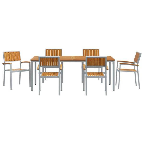 Garten Essgruppe 7-teilig Grau und Naturholz Metall und Holz