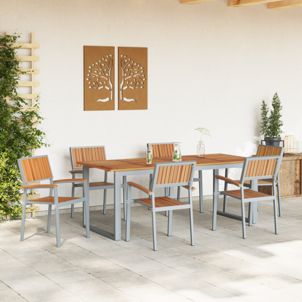 Stapelbare Gartenstühle 6 Teile Grau Stahl und Massivholz Akazie