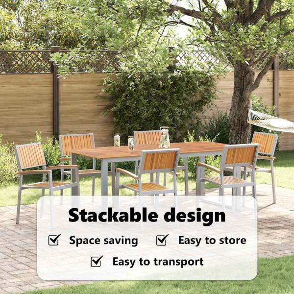 Stapelbare Gartenstühle 6 Teile Grau Stahl und Massivholz Akazie