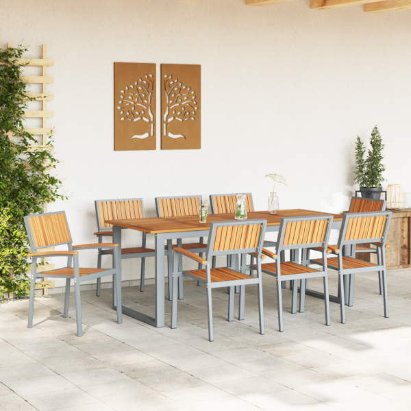 Stapelbare Gartenstühle 8 Stück Graue Stahl und Massivholz-Akazie