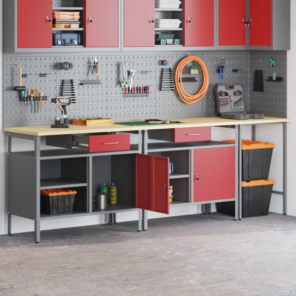 Werkbank-Set 3 pcs Schwarz und Grau Pulverbeschichteter Stahl