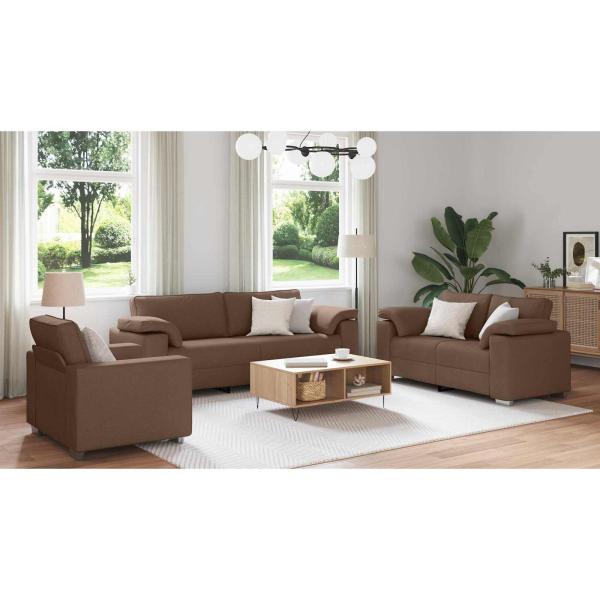 3-teiliges Sofa Set mit Kissen in braunem Stoff