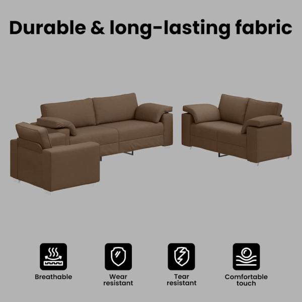 3-teiliges Sofa Set mit Kissen in braunem Stoff