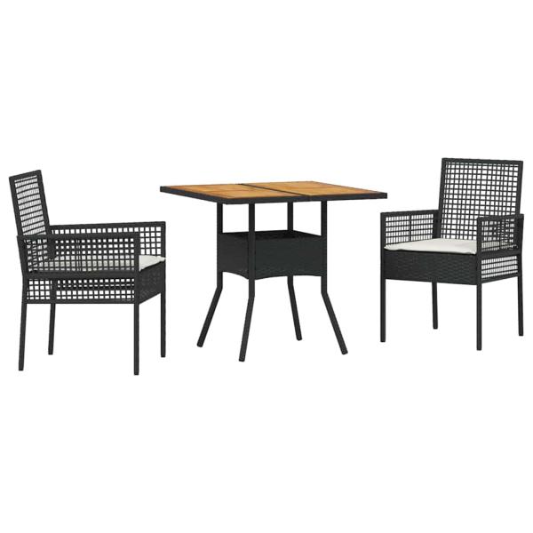3-teiliges Garten-Essset mit Kissen Schwarz Poly Rattan