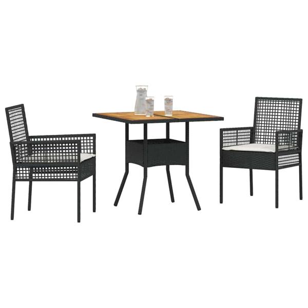 3-teiliges Garten-Essset mit Kissen Schwarz Poly Rattan