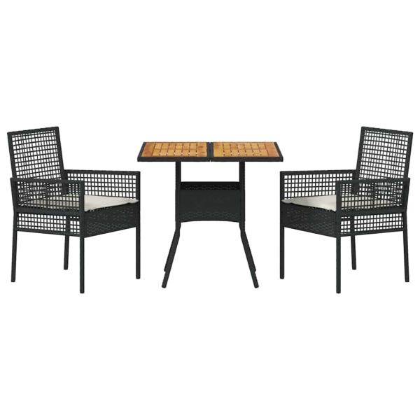 3-teiliges Garten-Essset mit Kissen Schwarz Poly Rattan