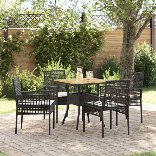 5-teiliges Garten-Essgruppen-Set mit Kissen in Schwarz Poly-Rattan