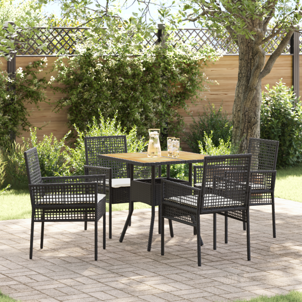 5-teiliges Garten-Essgruppen-Set mit Kissen in Schwarz Poly-Rattan