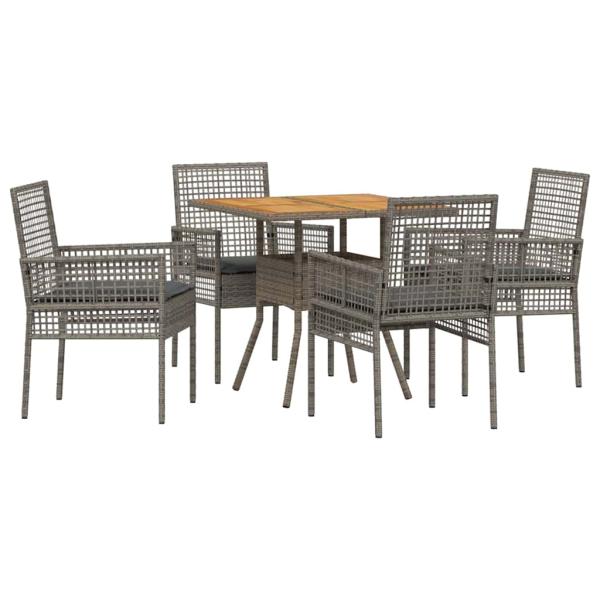 5-teiliges Garten-Essset mit Kissen Grau Poly Rattan