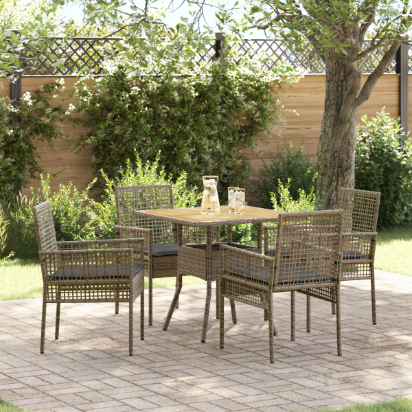 5-teiliges Garten-Essset mit Kissen Grau Poly Rattan