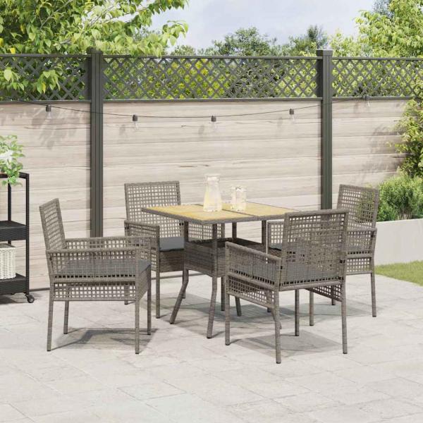 5-teiliges Garten-Essset mit Kissen Grau Poly Rattan