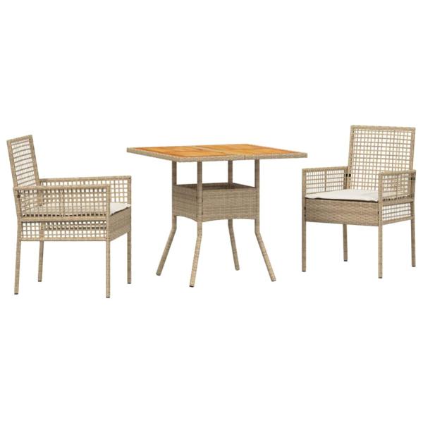 3-teiliges Garten-Essgruppen-Set mit Kissen Beige Poly-Rattan