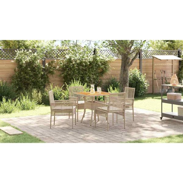 5-teiliges Garten-Essgruppen-Set mit Kissen Beige Poly-Rattan