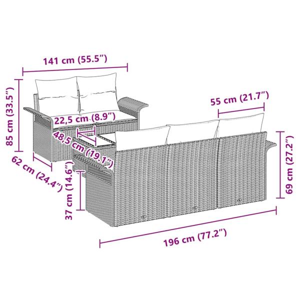 6-teiliges Garten Sofa Set mit Kissen in Schwarz aus Poly Rattan
