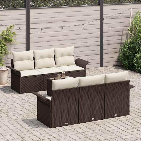 7-teiliges Garten Sofa Set mit Kissen Braun Poly Rattan