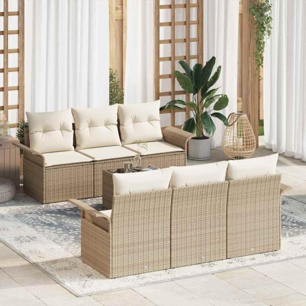ARDEBO.de - 7-teiliges Gartensofa Set mit Kissen Beige Poly Rattan