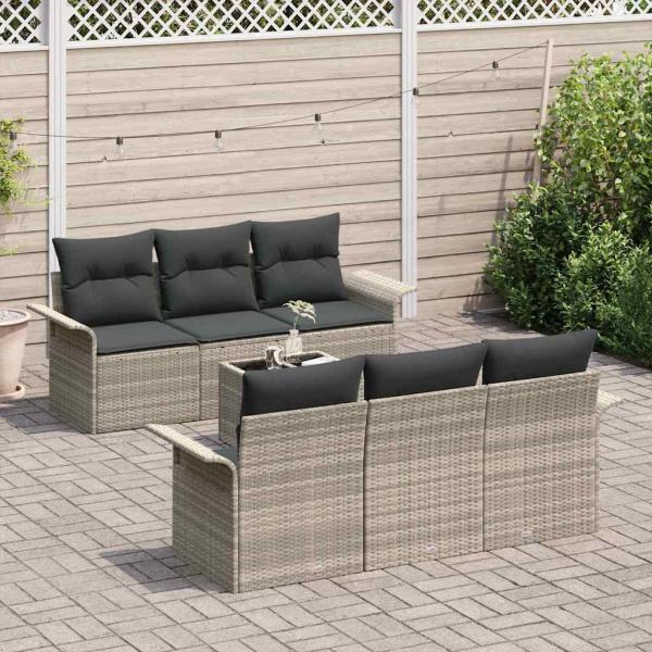 7-teiliges Garten-Sofa-Set mit Kissen Hellgrau Poly-Rattan