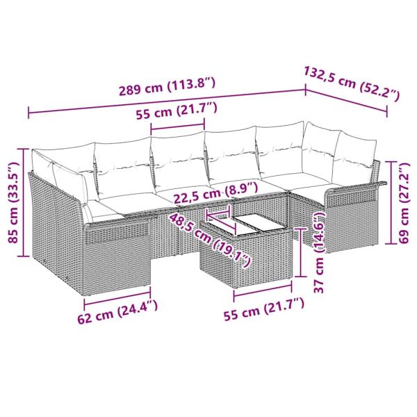 8-teiliges Garten Sofa Set mit Kissen Grau Poly Rattan
