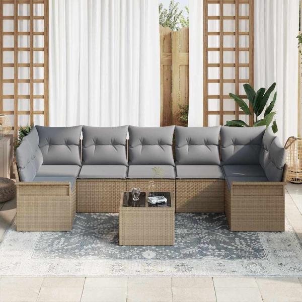 8-teiliges Garten-Sofa-Set mit Kissen in Beige Poly Rattan