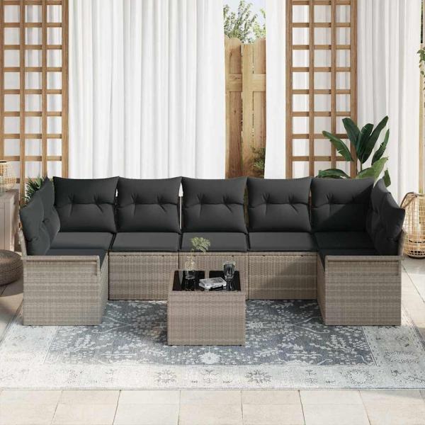 8-teiliges Garten-Sofa-Set mit Kissen Hellgrau Poly-Rattan