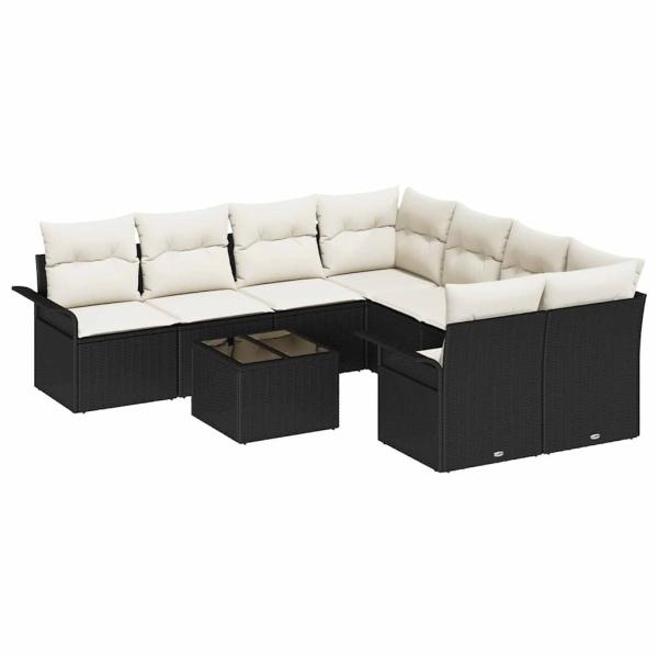 9-teiliges Garten-Sofaset mit Kissen Schwarz Poly-Rattan