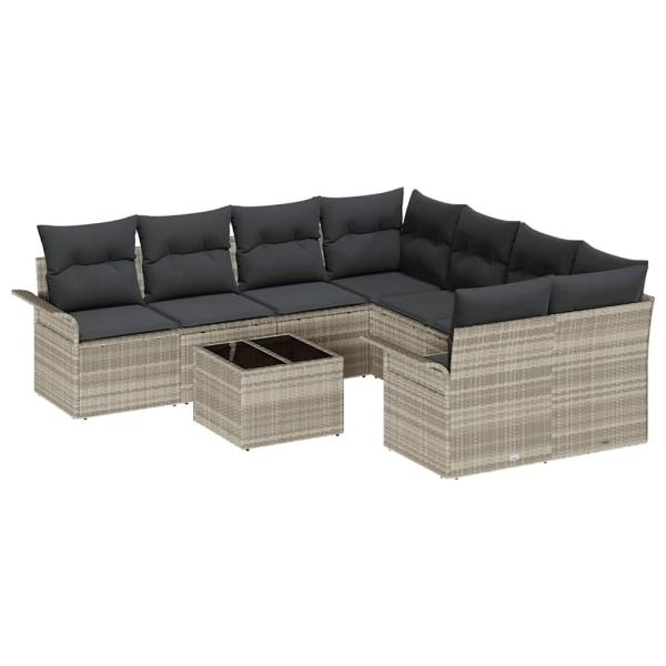 9-teiliges Garten Sofa Set mit Kissen Hellgrau Poly Rattan