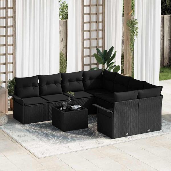 ARDEBO.de - 9-teiliges Garten Sofa Set mit Kissen Schwarz Poly Rattan