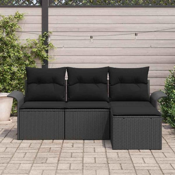 4-teiliges Garten Sofa Set mit Kissen Schwarz Poly Rattan