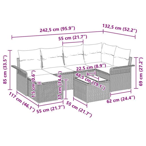 6-teiliges Garten-Sofa-Set mit Kissen aus braunem Poly-Rattan