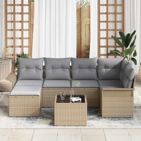 7-teiliges Garten Sofa Set mit Kissen Schwarz Poly Rattan