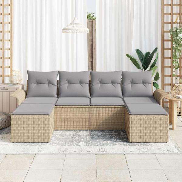 6-teiliges Garten Sofa Set mit Kissen Beige Poly Rattan
