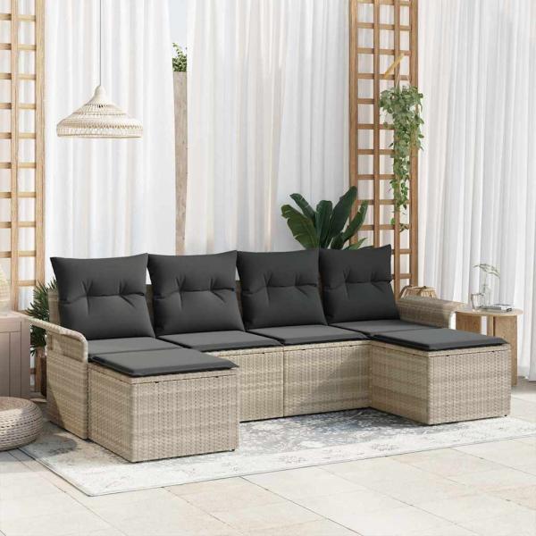 ARDEBO.de - 6-teiliges Garten Sofa Set mit Kissen Hellgrau Poly Rattan