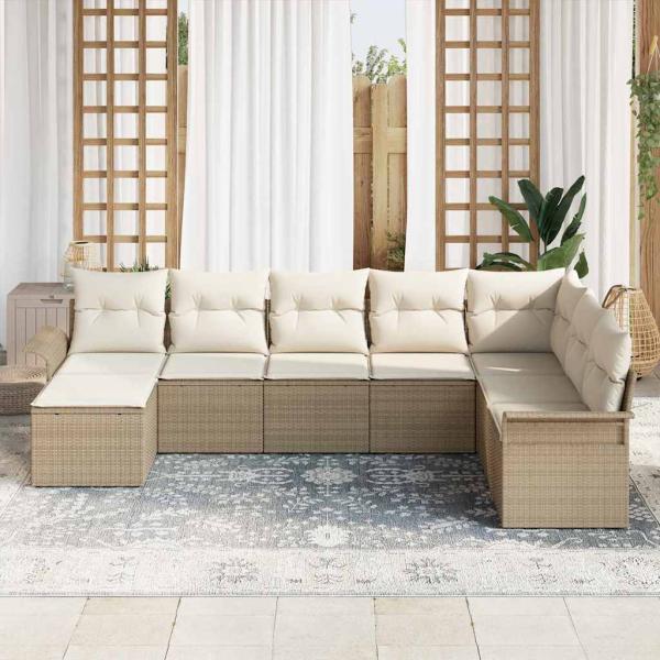 8-teiliges Garten-Sofa-Set mit Kissen, Beige Poly-Rattan