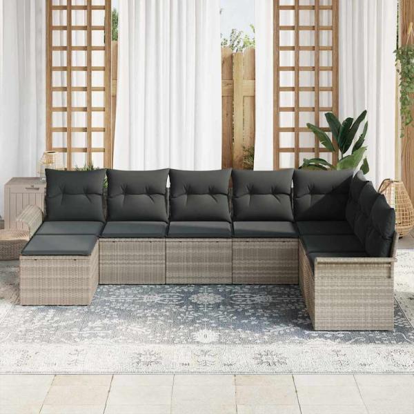 8-teilige Garten Sofa Set mit Kissen Hellgrau Poly Rattan