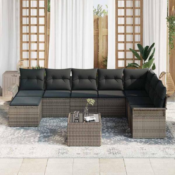 8-teiliges Garten-Sofa-Set mit Kissen Grau Poly Rattan