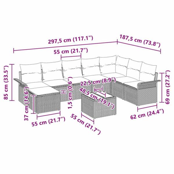 9-teiliges Garten Sofa Set mit Kissen aus beigem Poly Rattan
