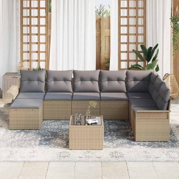 9-teiliges Garten Sofa Set mit Kissen aus beigem Poly Rattan