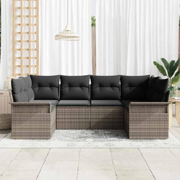 6-teiliges Garten Sofa Set mit Kissen Grau Poly Rattan